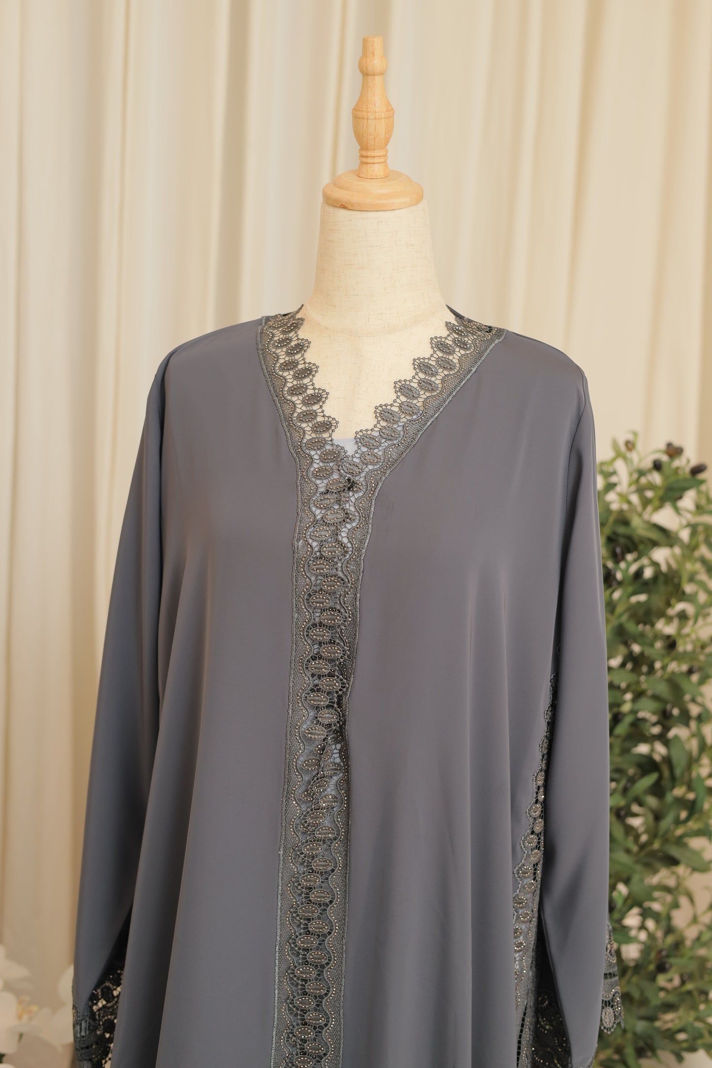 Luxury Grey Open Abaya with Intricate Lace Panel Detailing
