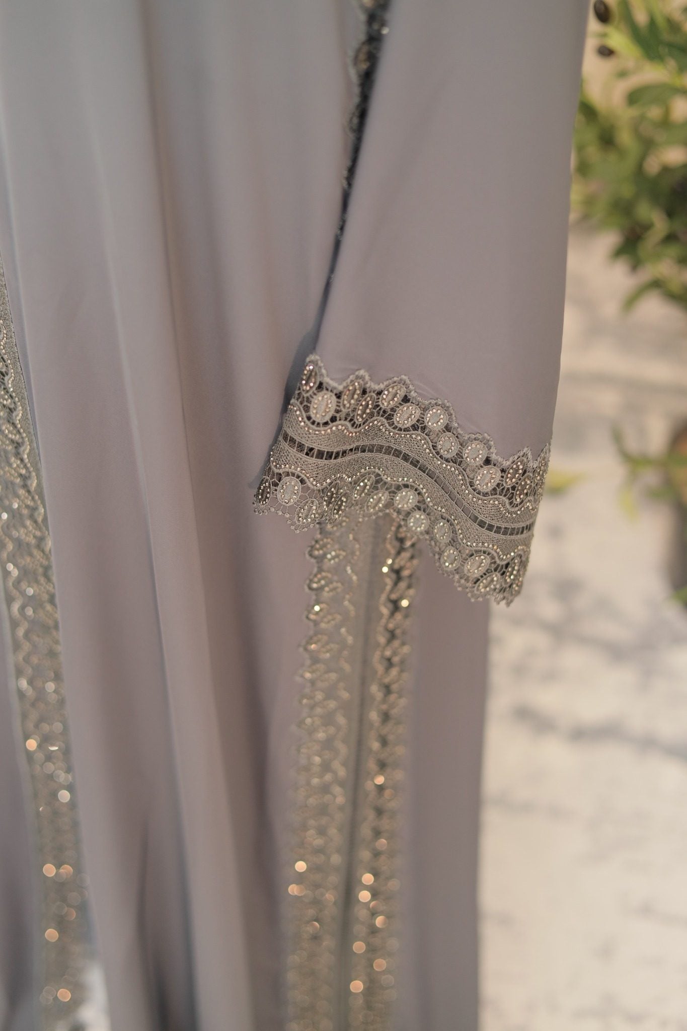 Luxury Grey Open Abaya with Intricate Lace Panel Detailing