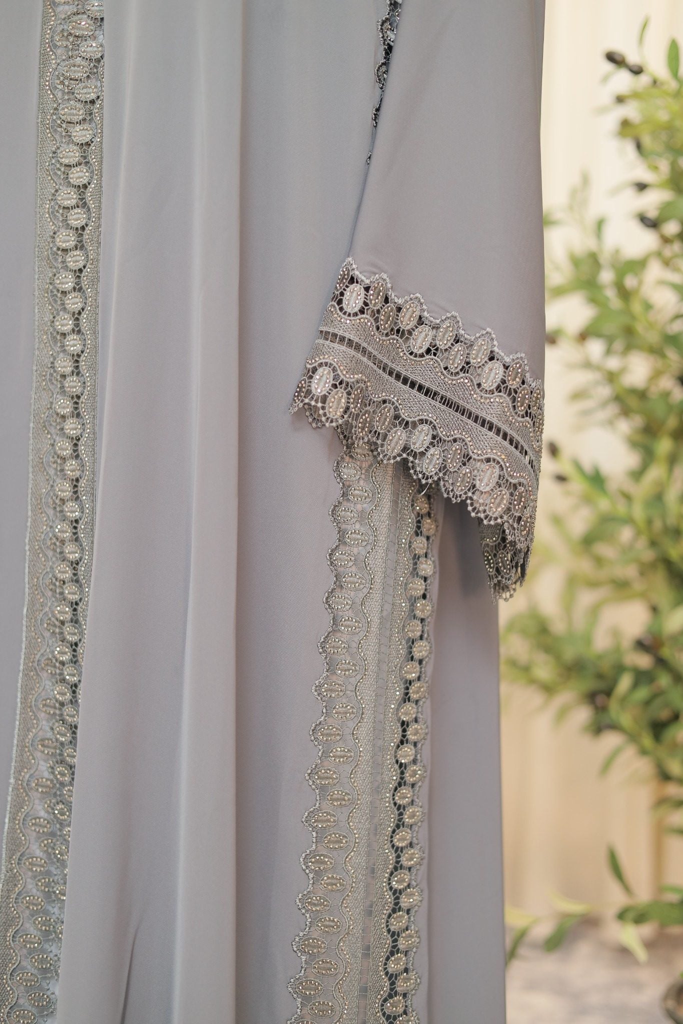Luxury Grey Open Abaya with Intricate Lace Panel Detailing
