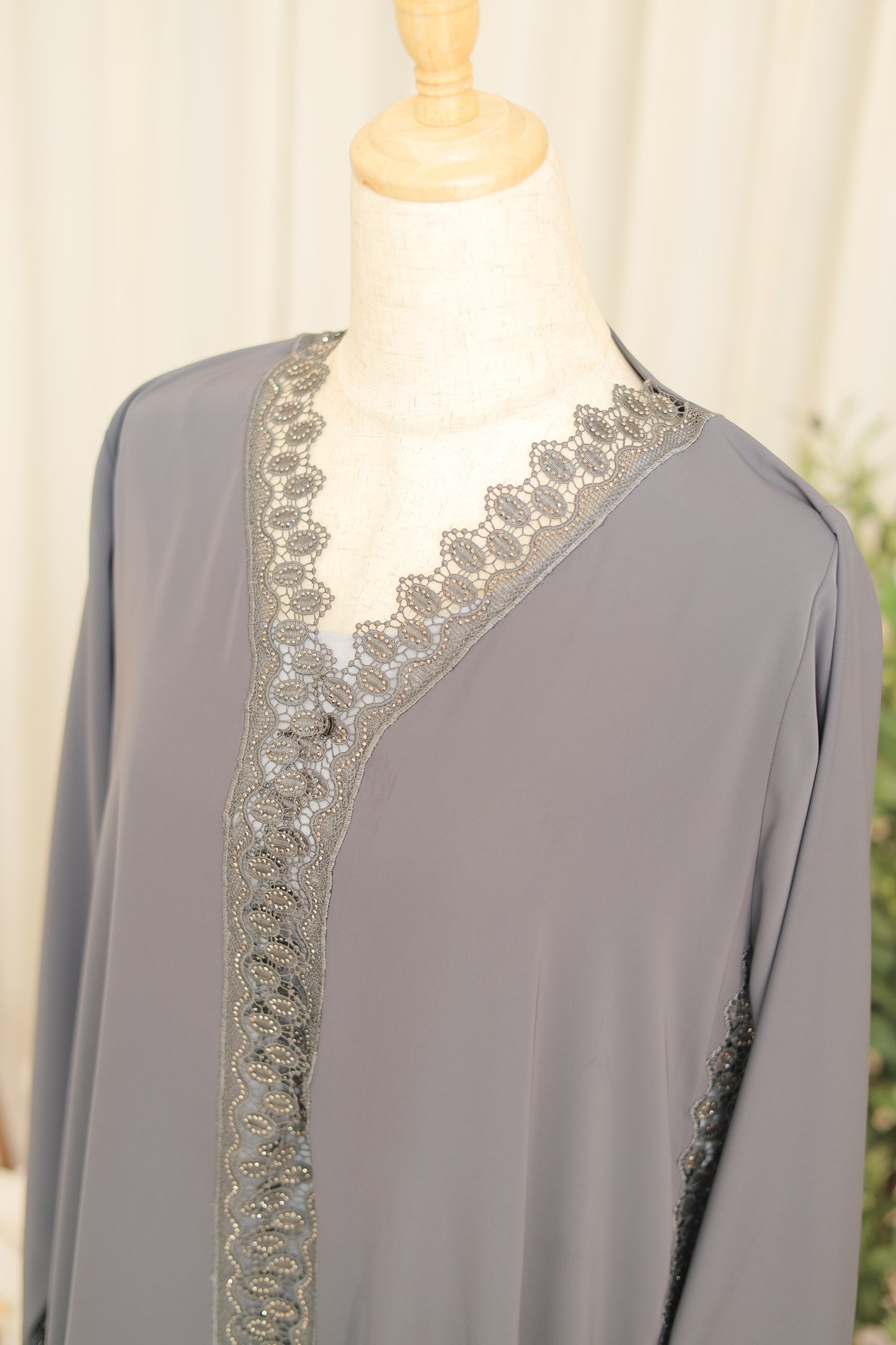 Luxury Grey Open Abaya with Intricate Lace Panel Detailing