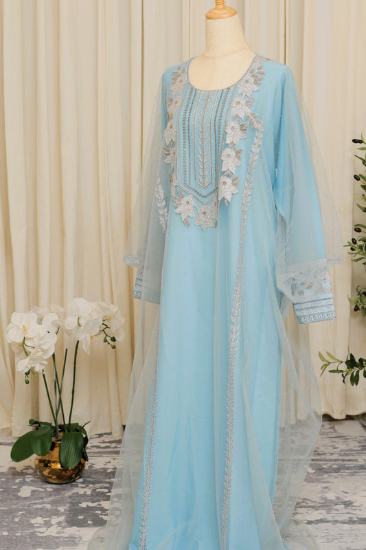Azure Bloom Light Blue Embroidered Kaftan Dress with Net Sleeves