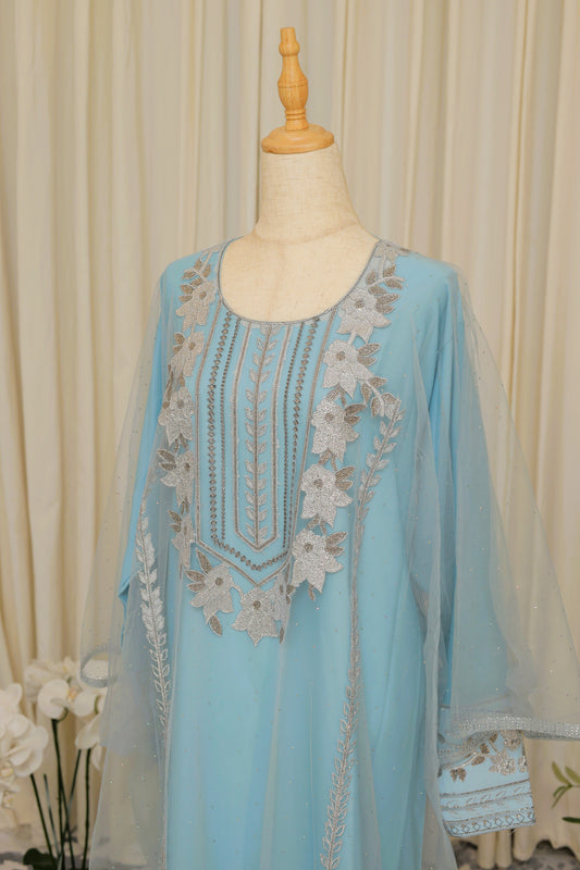 Azure Bloom Light Blue Embroidered Kaftan Dress with Net Sleeves