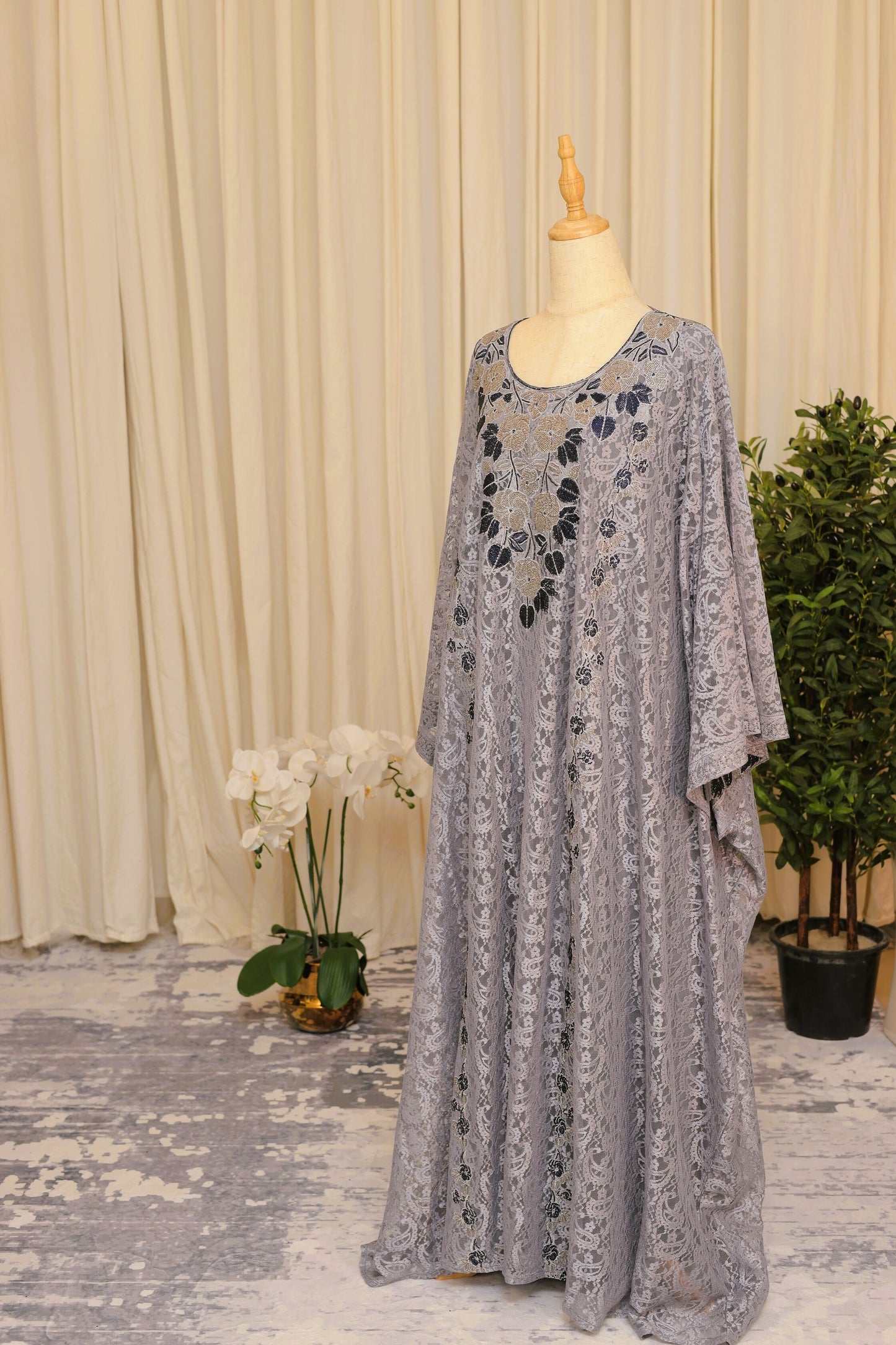 Mukhwar – Grey Lace Embroidered Modest Maxi Dress
