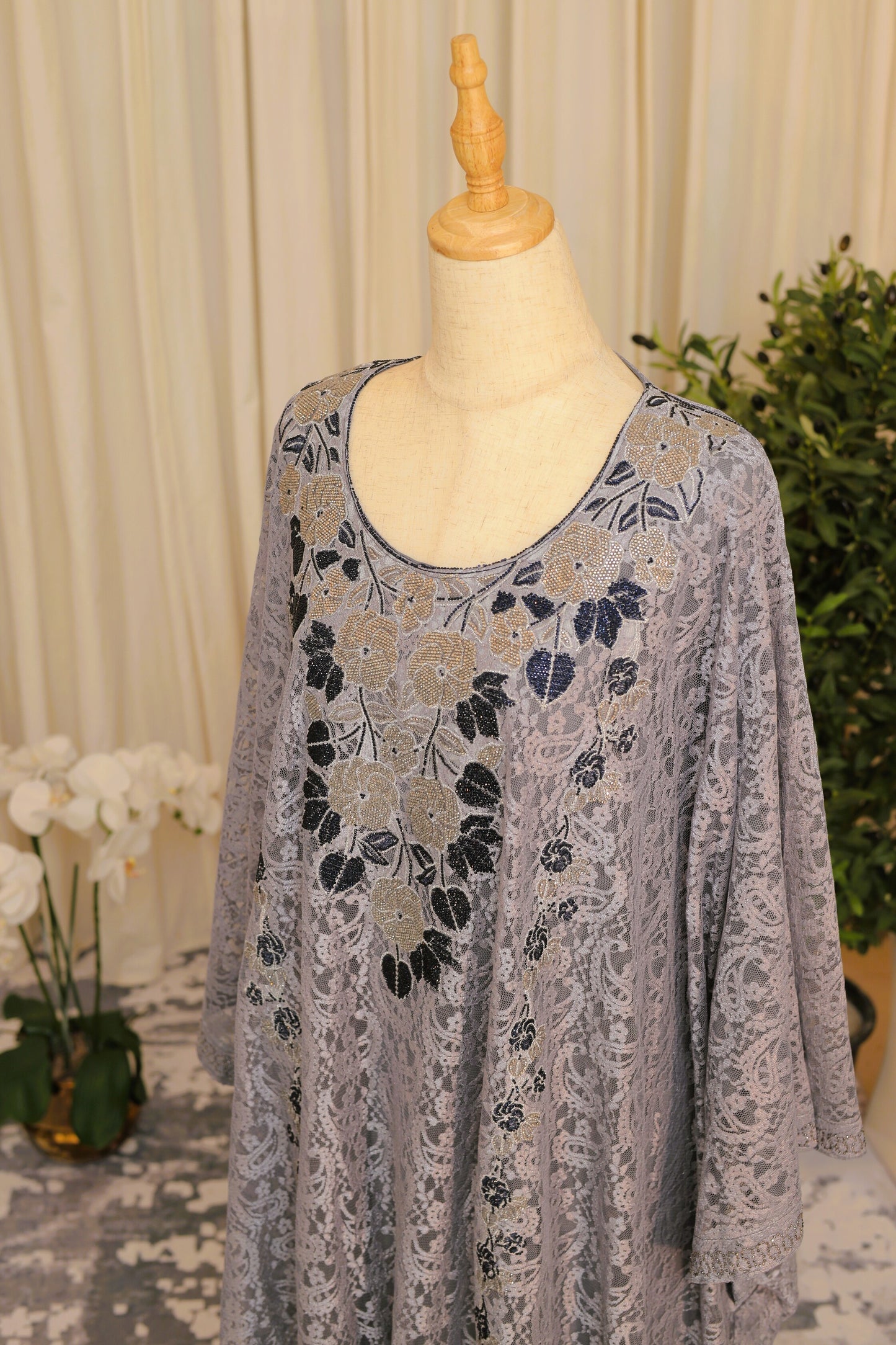 Mukhwar – Grey Lace Embroidered Modest Maxi Dress