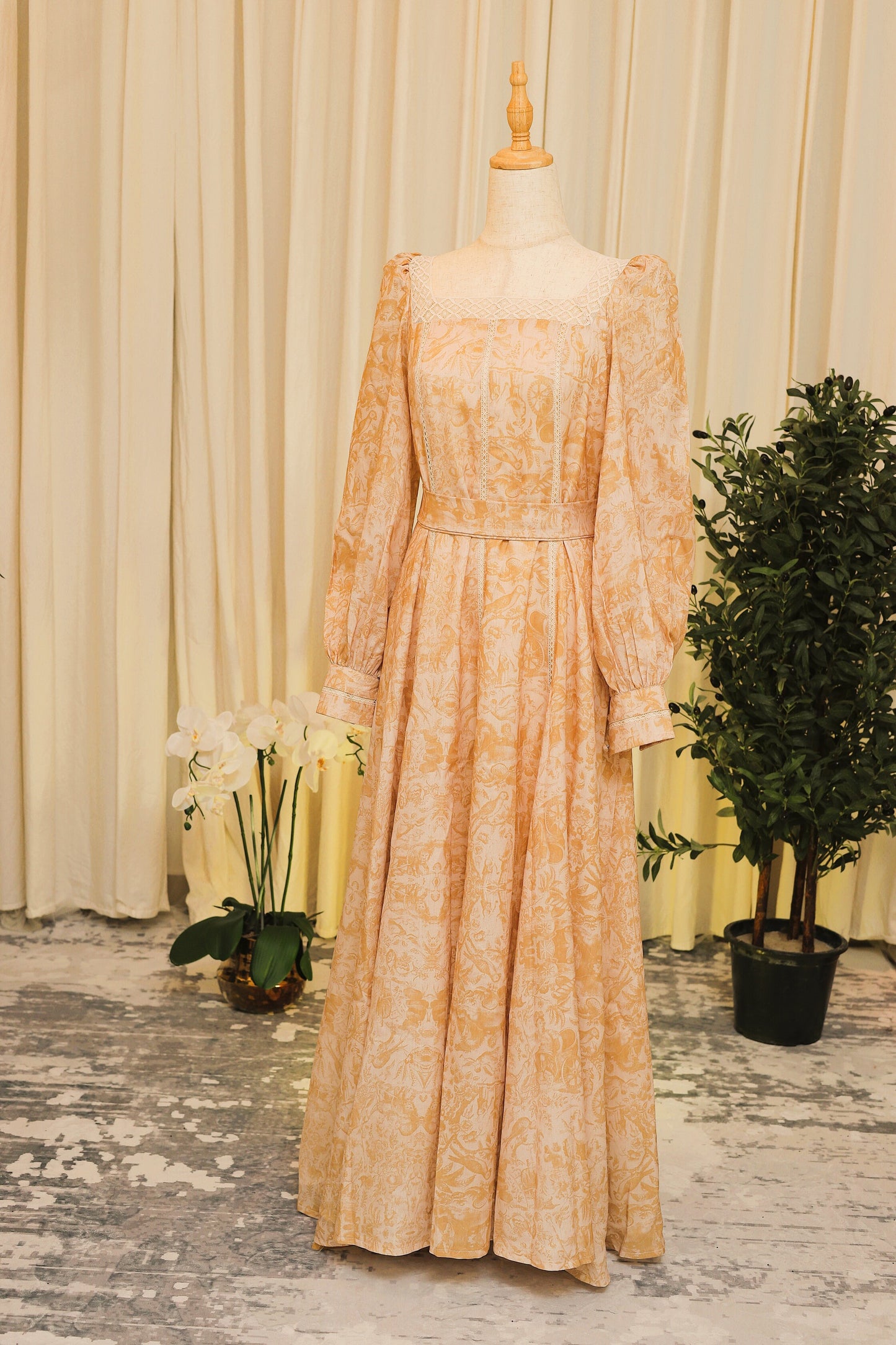 Vintage Peach Printed Maxi Dress with Lace Detailing
