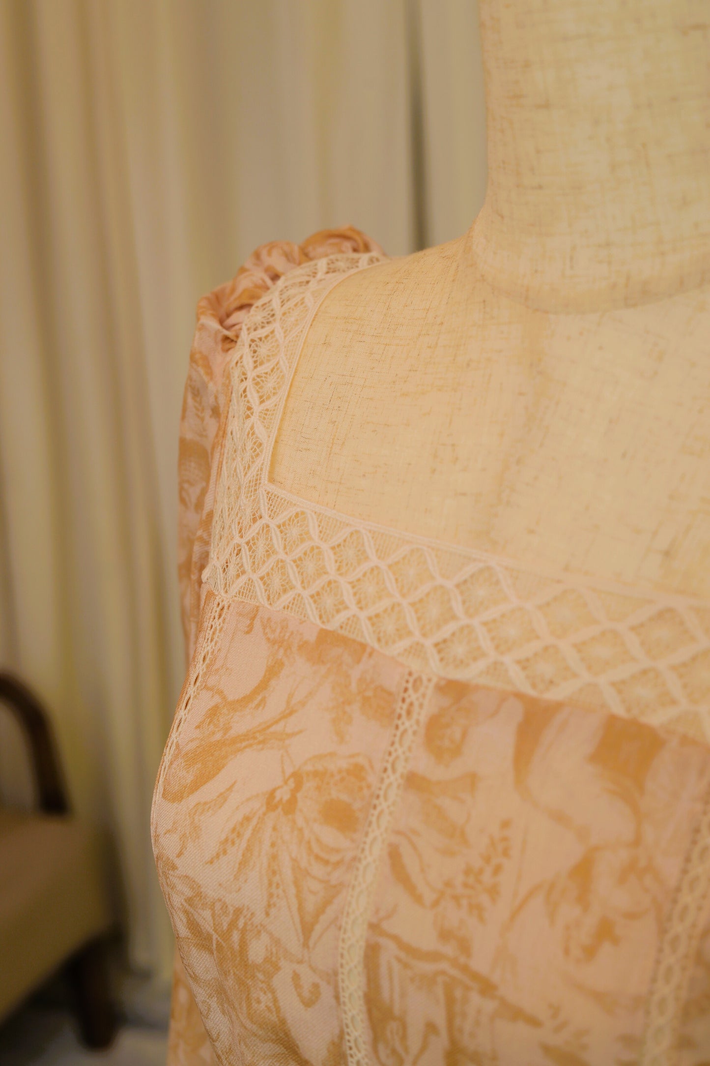 Vintage Peach Printed Maxi Dress with Lace Detailing