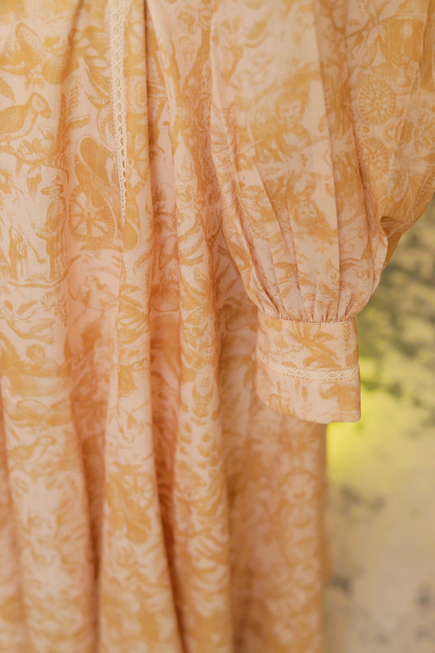 Vintage Peach Printed Maxi Dress with Lace Detailing