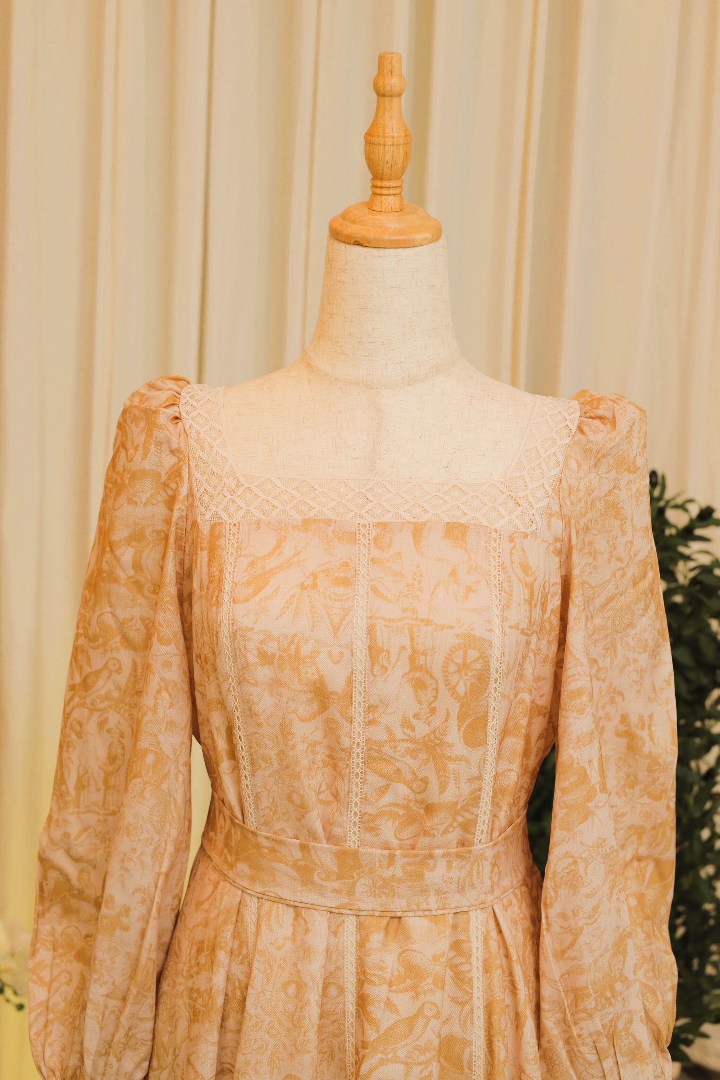 Vintage Peach Printed Maxi Dress with Lace Detailing