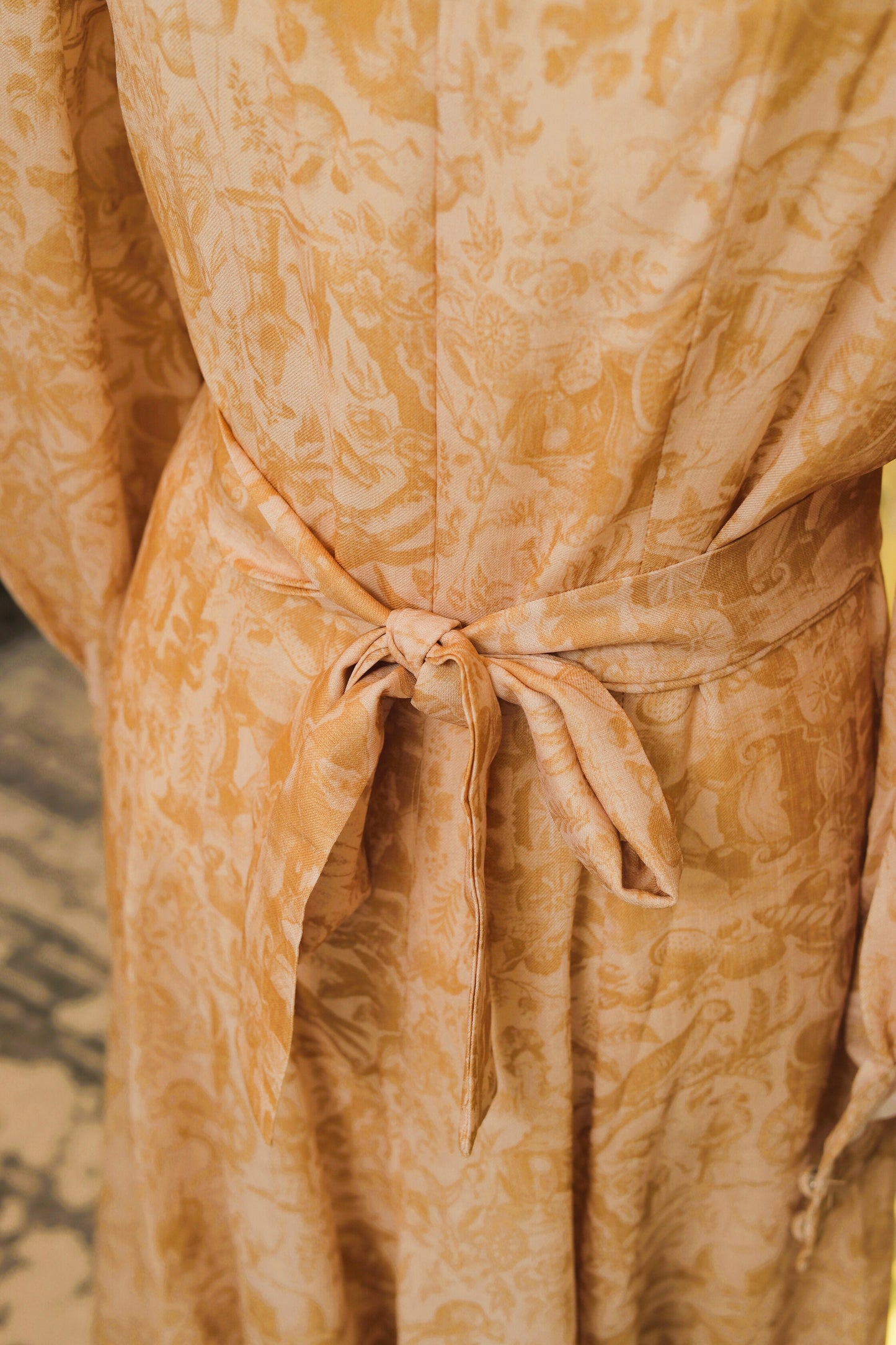 Vintage Peach Printed Maxi Dress with Lace Detailing