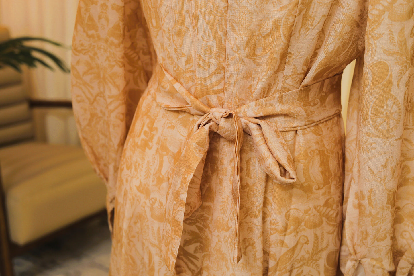 Vintage Peach Printed Maxi Dress with Lace Detailing