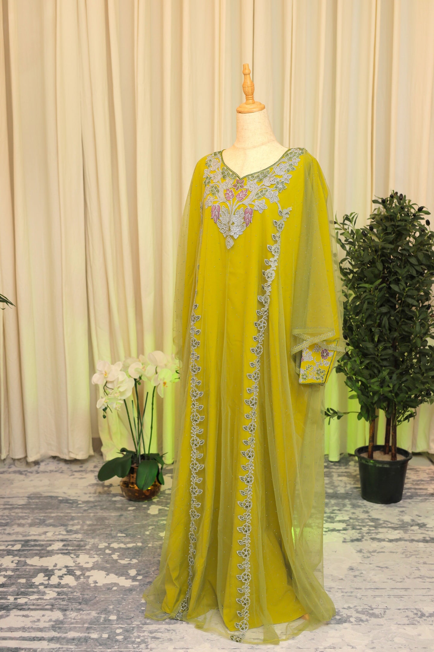 Mukhwar – Embroidered Lime Green Kaftan Dress