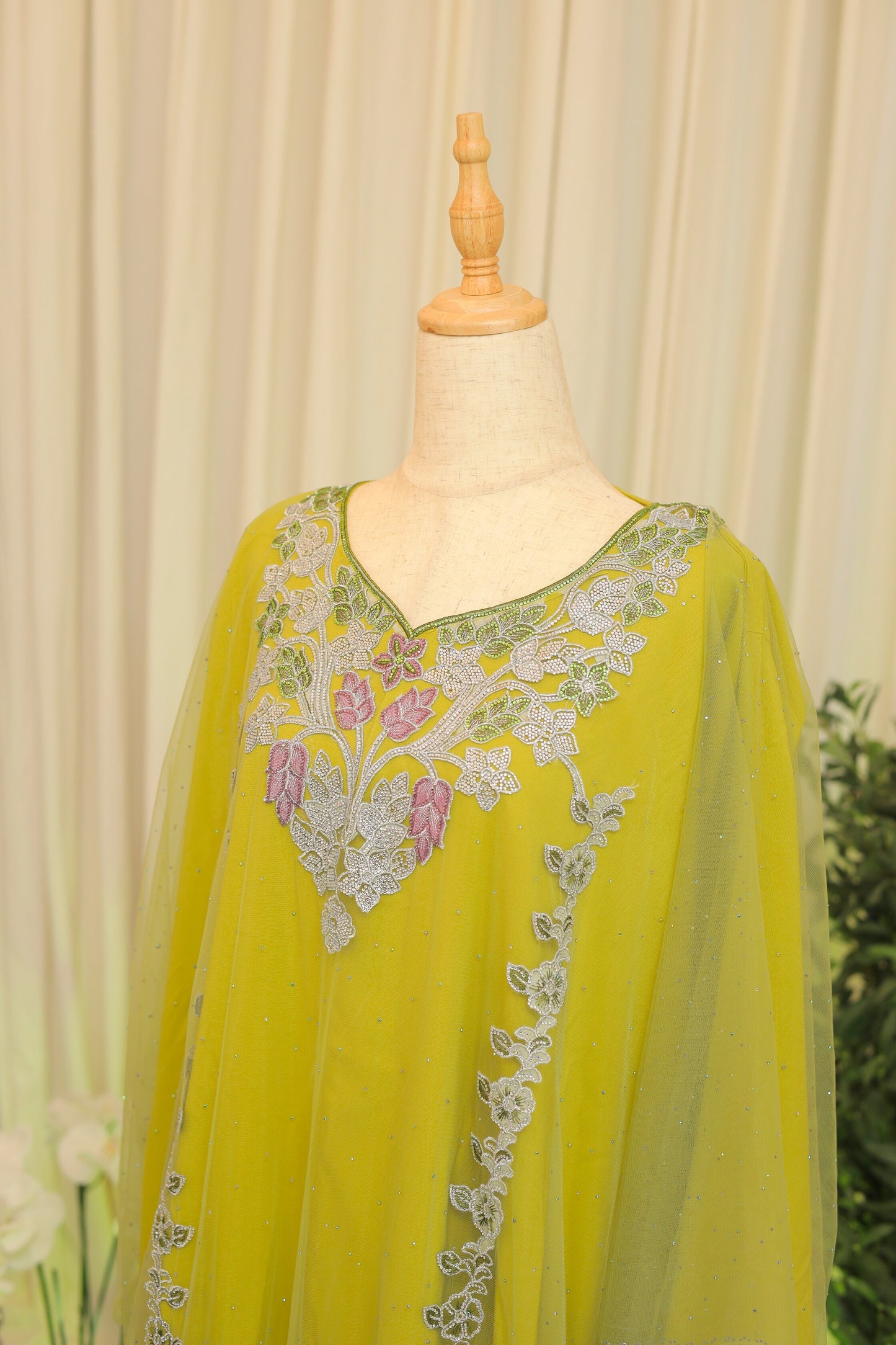 Mukhwar – Embroidered Lime Green Kaftan Dress