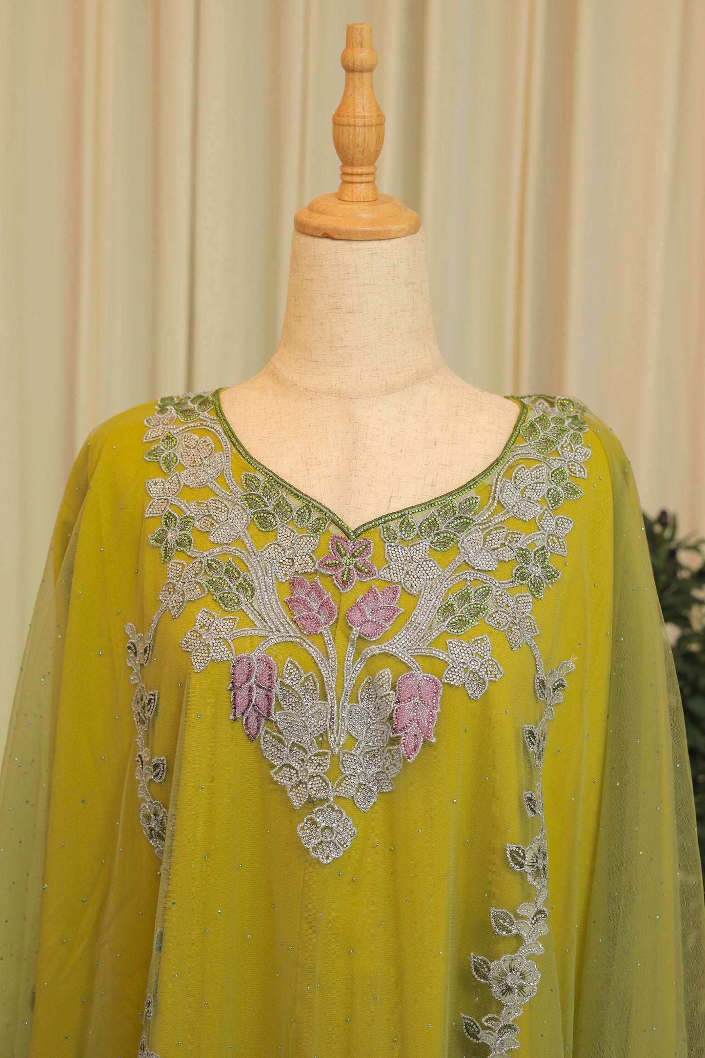 Mukhwar – Embroidered Lime Green Kaftan Dress