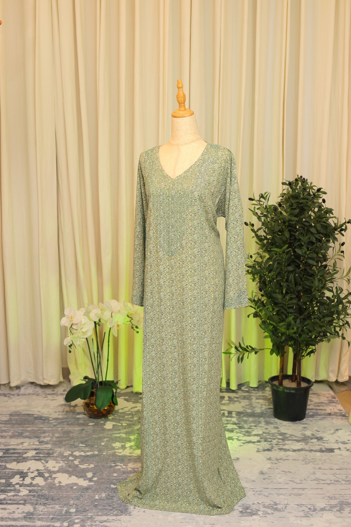 Mukhwar – Sage Green Embellished Printed Kaftan Dress