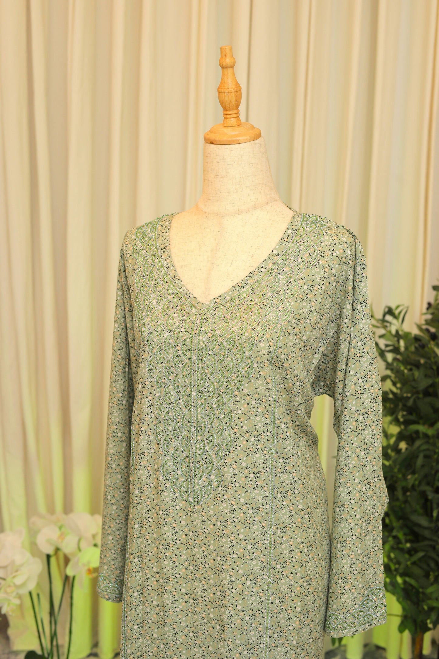Mukhwar – Sage Green Embellished Printed Kaftan Dress