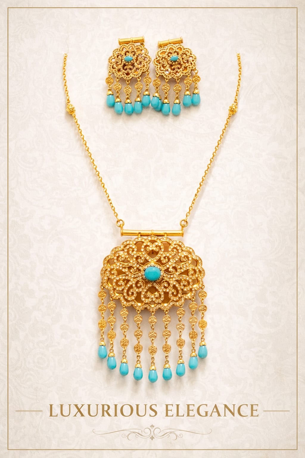 Royal Turquoise Gold Filigree Necklace Set