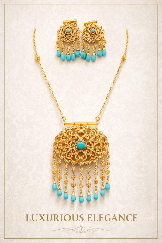 Royal Turquoise Gold Filigree Necklace Set