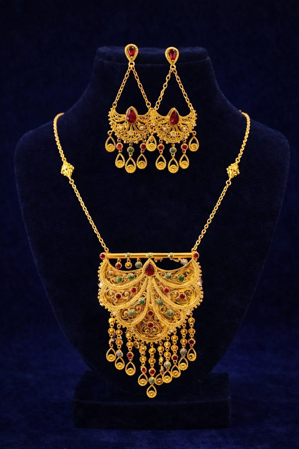 Royal Antique Gold Necklace Set with Chandelier Earrings