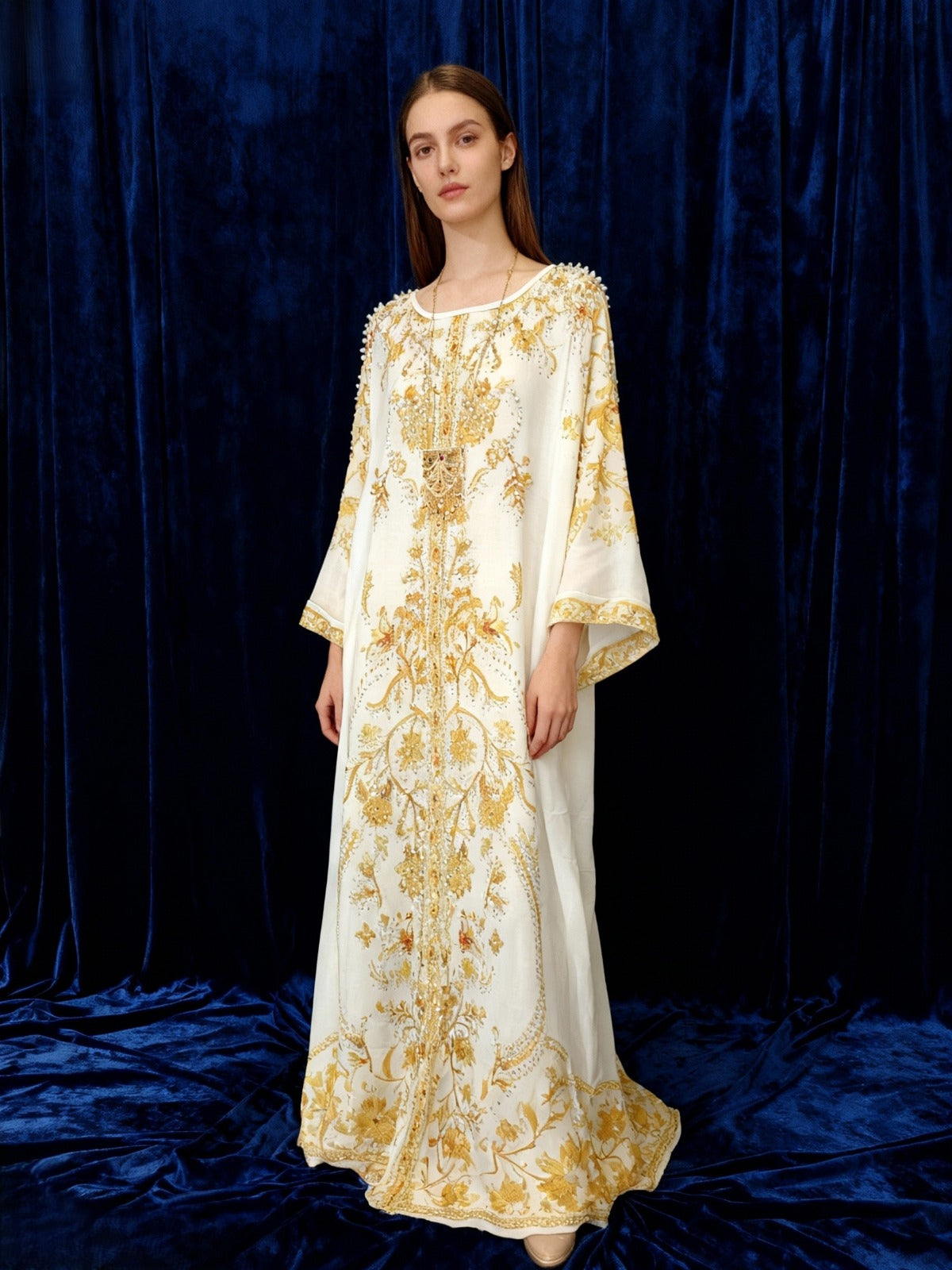 Ivory Gold Embroidered Luxury Kaftan