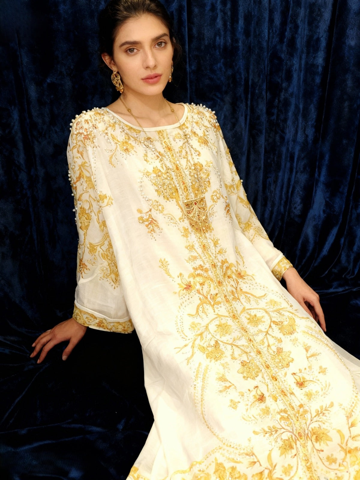 Ivory Gold Embroidered Luxury Kaftan