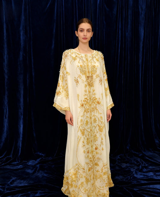 Ivory Gold Embroidered Luxury Kaftan