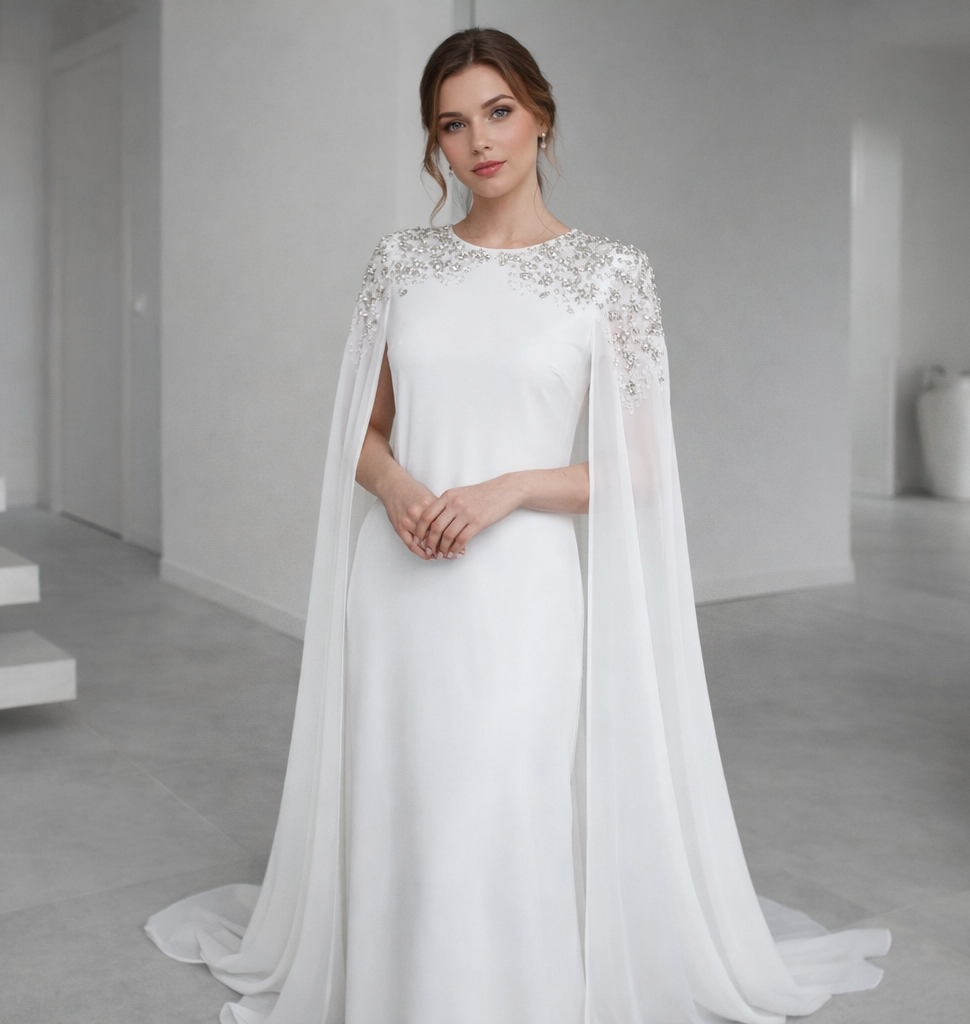 Elegant White Embellished Cape Sleeve Evening Gown