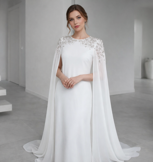 Elegant White Embellished Cape Sleeve Evening Gown
