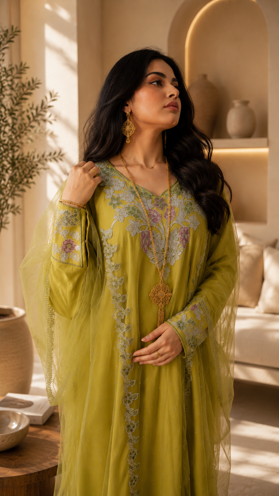 Mukhwar – Embroidered Lime Green Kaftan Dress