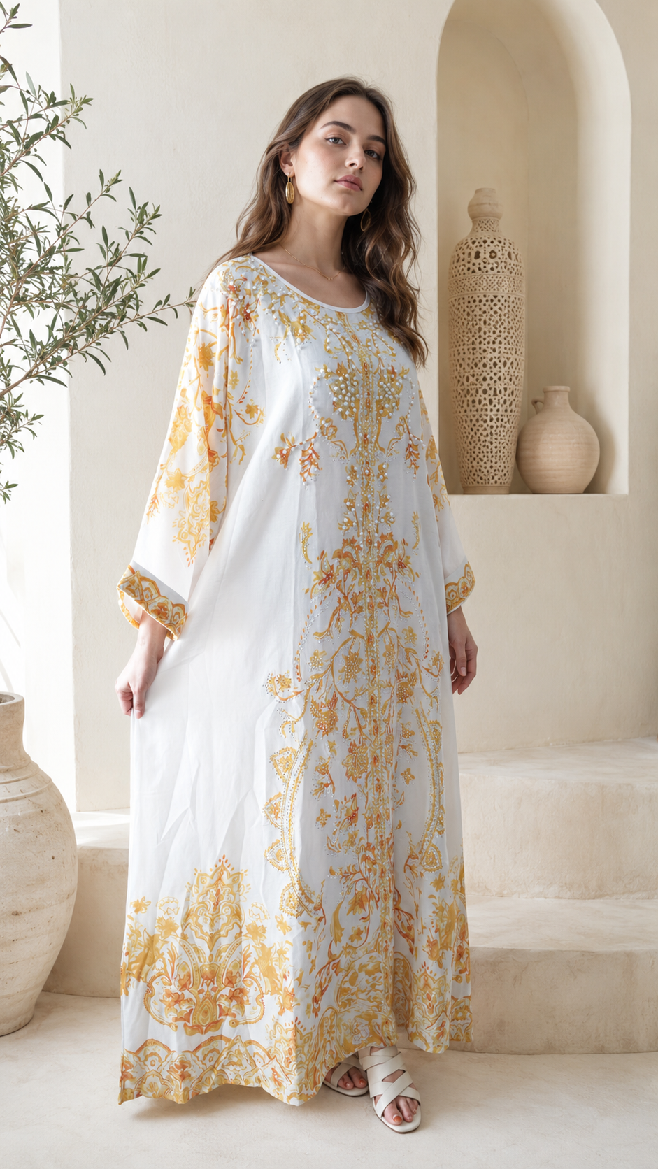 Ivory Gold Embroidered Luxury Kaftan