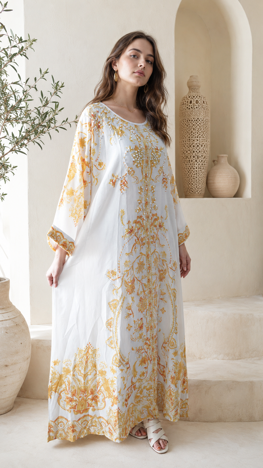 Ivory Gold Embroidered Luxury Kaftan