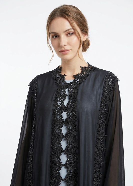 Luxury Black chiffon Open Abaya And Kaftan Combo