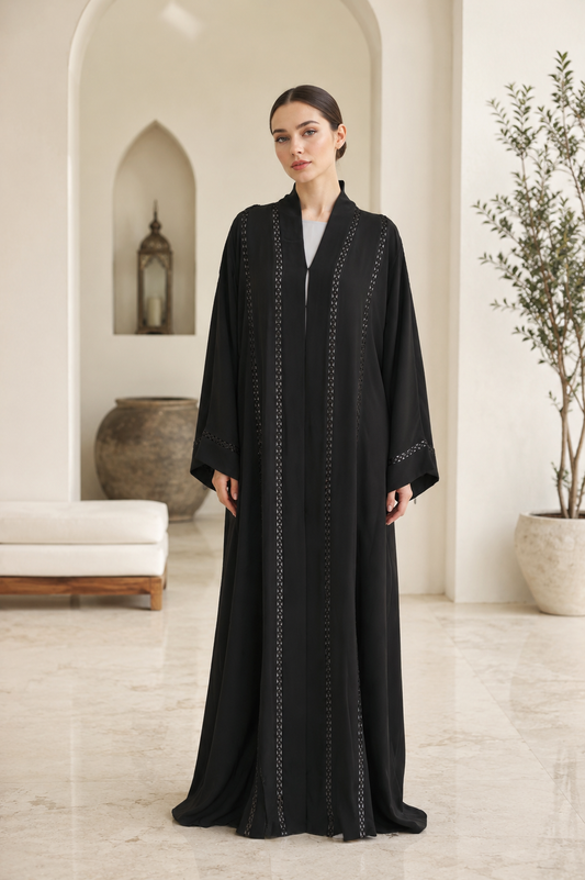 Midnight Elegance Embroidered Open Abaya