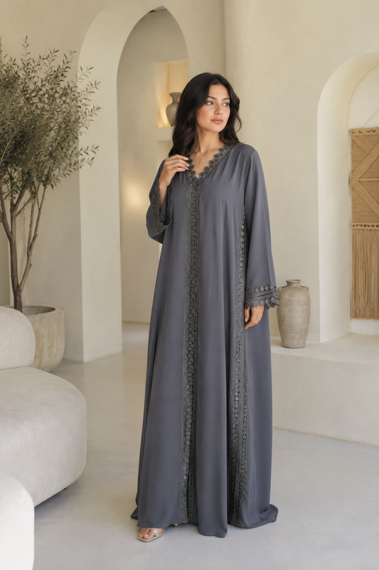 Luxury Grey Open Abaya with Intricate Lace Panel Detailing