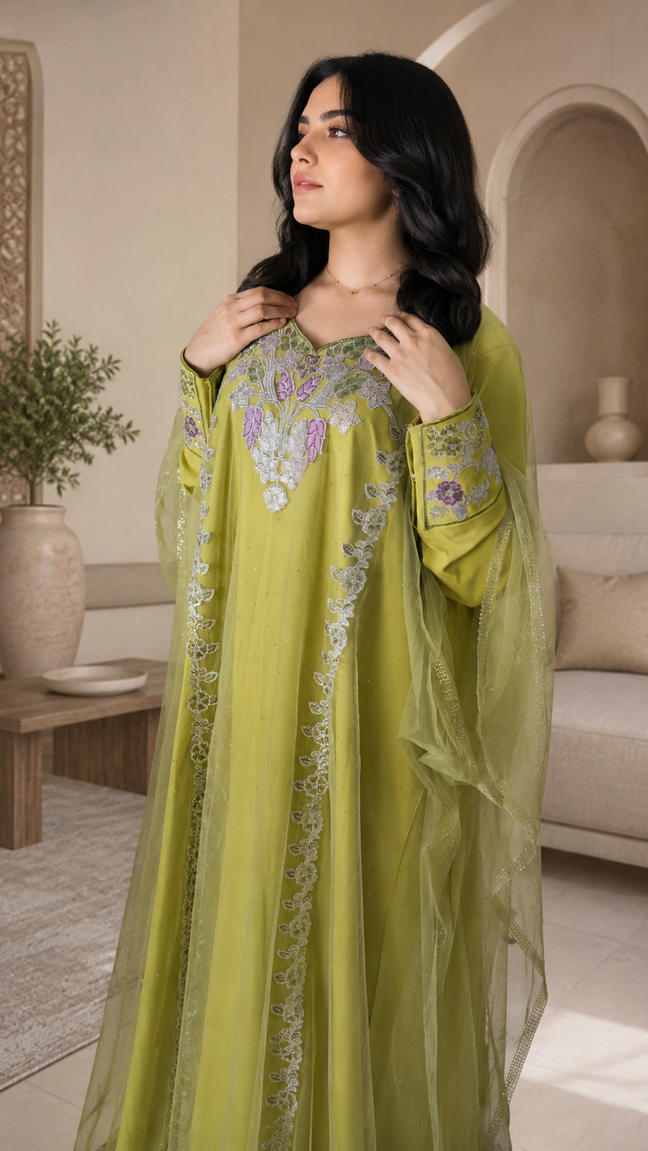 Mukhwar – Embroidered Lime Green Kaftan Dress
