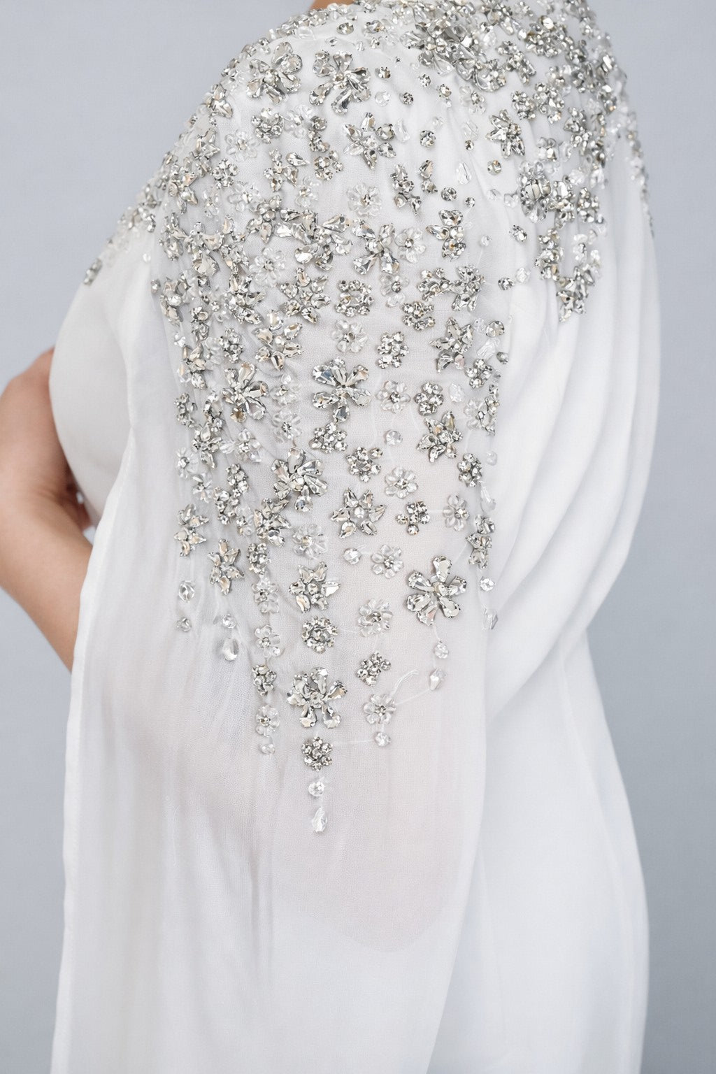 Elegant White Embellished Cape Sleeve Evening Gown