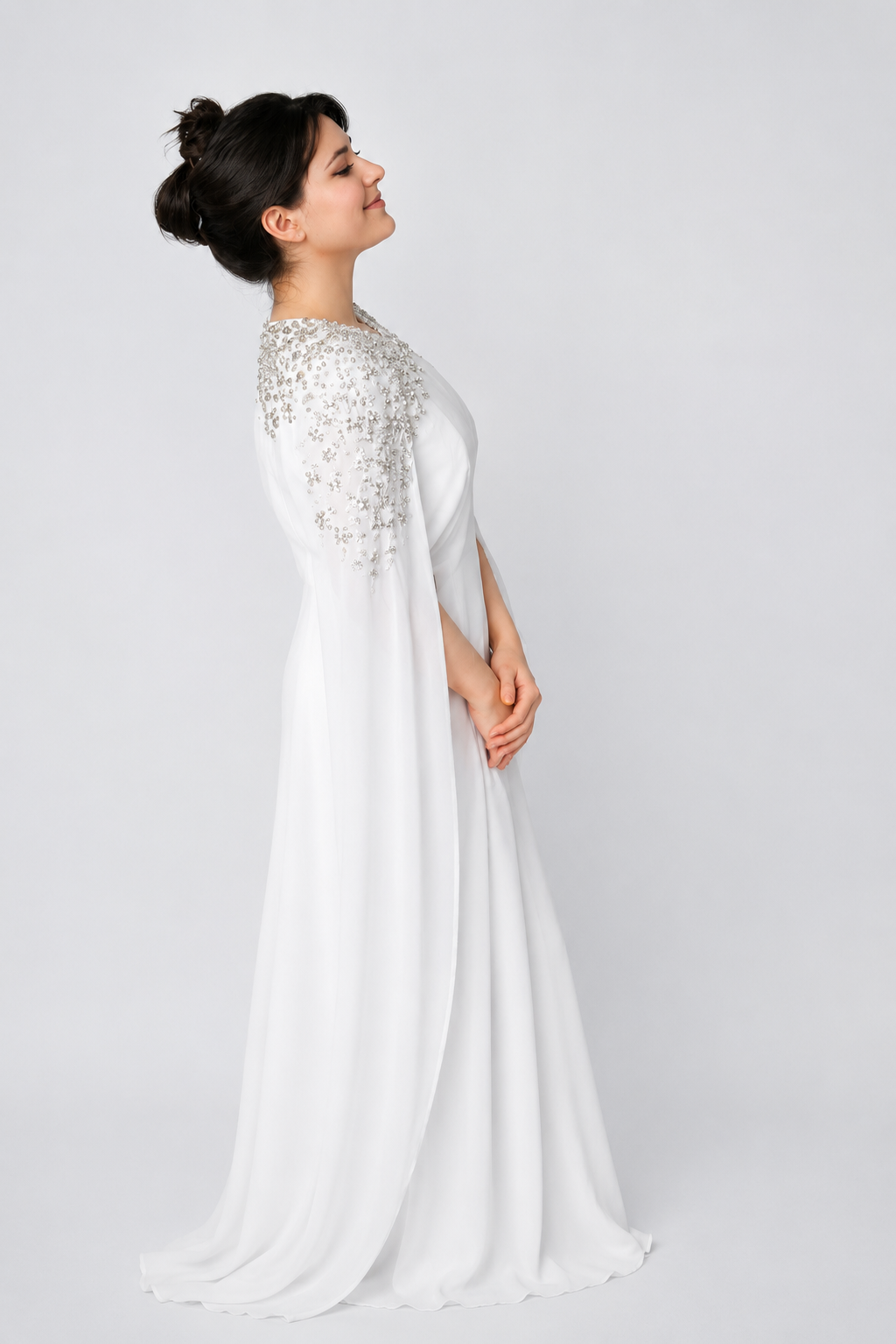 Elegant White Embellished Cape Sleeve Evening Gown