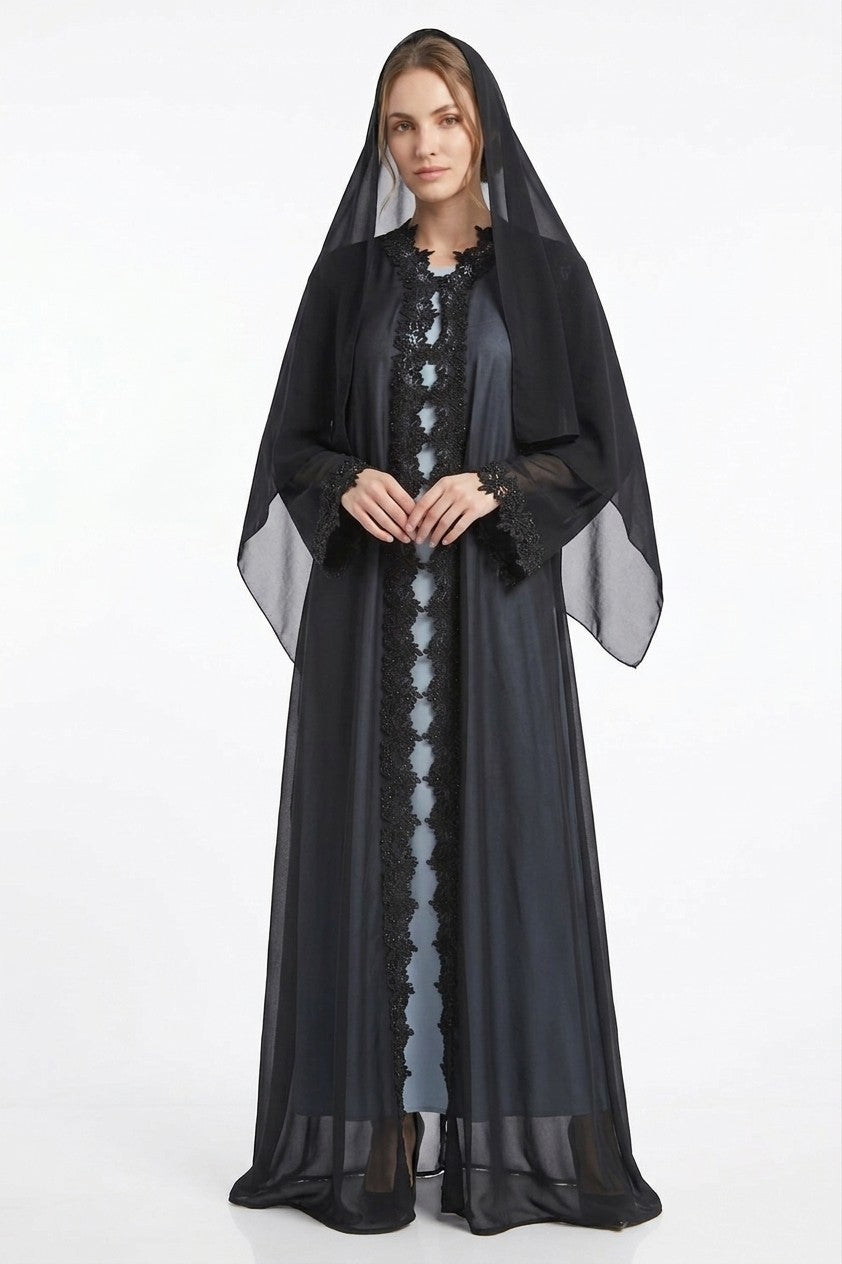 Luxury Black chiffon Open Abaya And Kaftan Combo