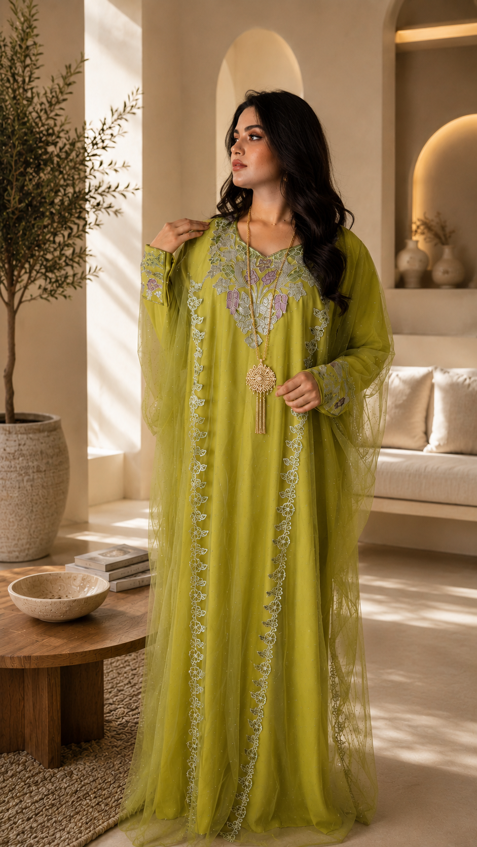Mukhwar – Embroidered Lime Green Kaftan Dress