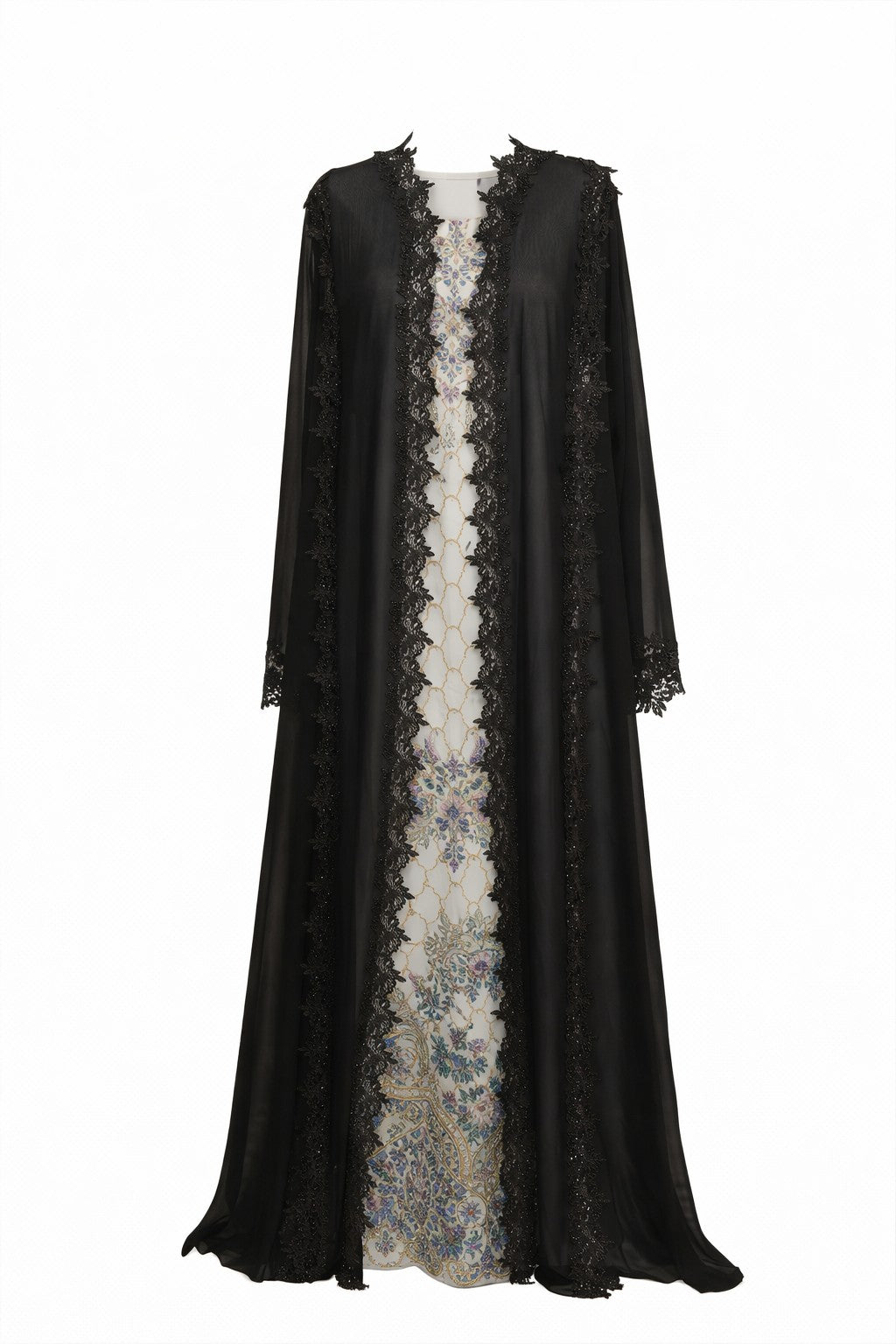 Luxury Black chiffon Open Abaya And Kaftan Combo